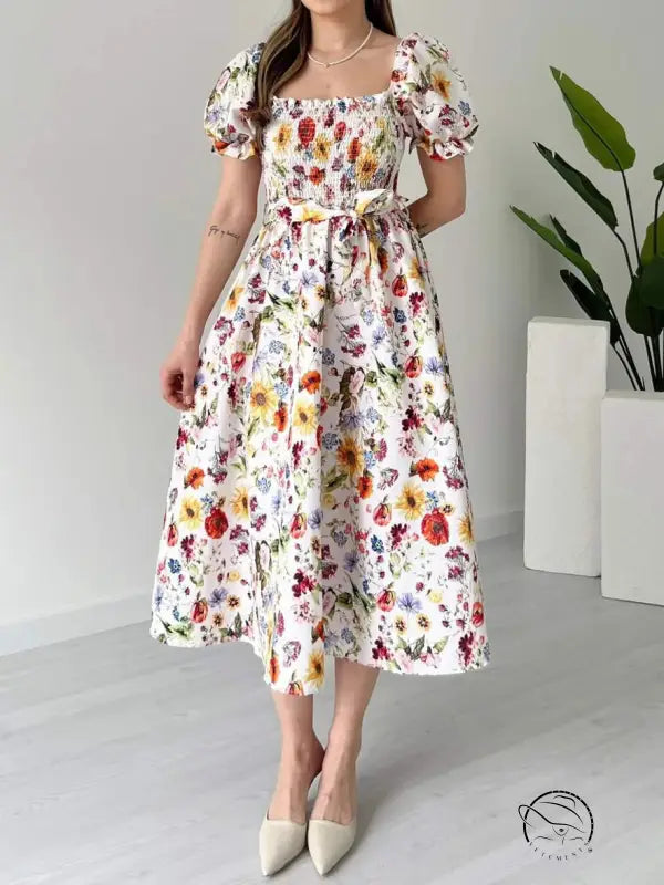 Casual puff sleeve floral A-line dress on white background