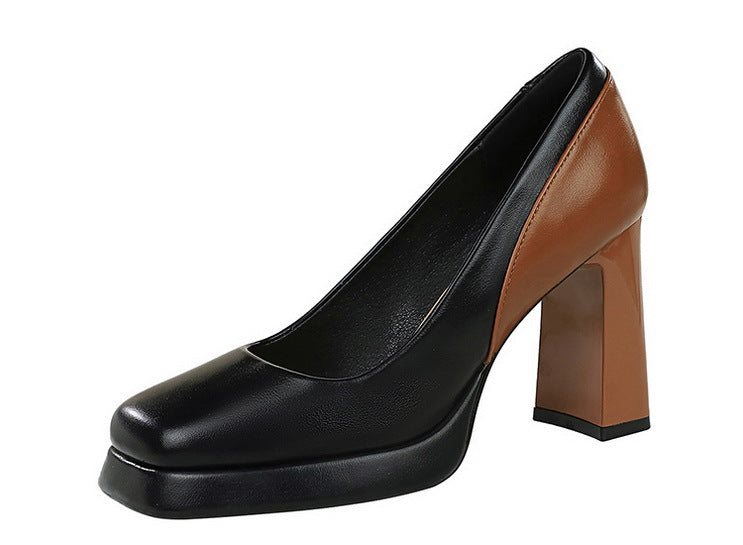 Langry fashionable black and tan leather platform pump with chunky heel
