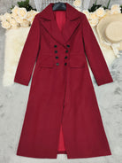 Red double breasted long wool coat with black buttons for autumn winter fashion