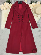 Red double breasted long wool coat with black buttons for autumn winter fashion