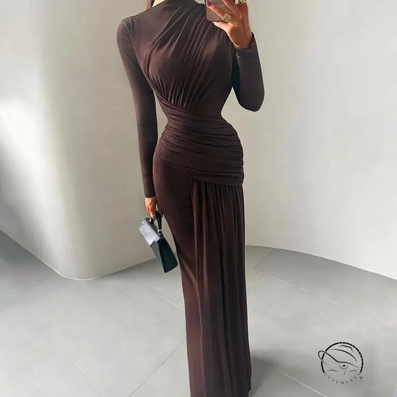 Winter pleated slim fit dress in brown jersey with high neckline