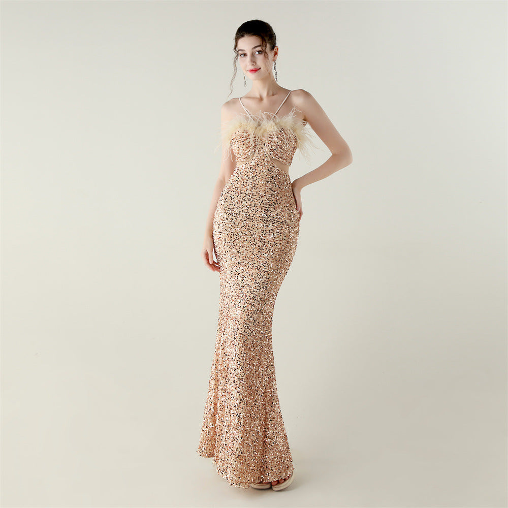 Rose gold sequined Langry mermaid evening dress with high neckline