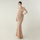 Rose gold sequined Langry mermaid evening dress with high neckline