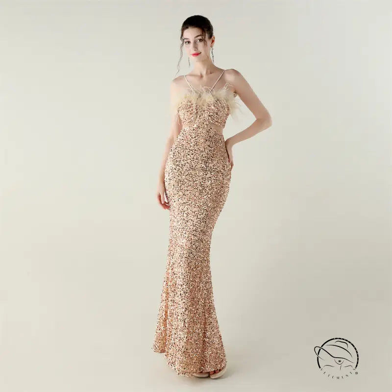 Rose gold sequined mermaid dress in Velvet Craft fashion