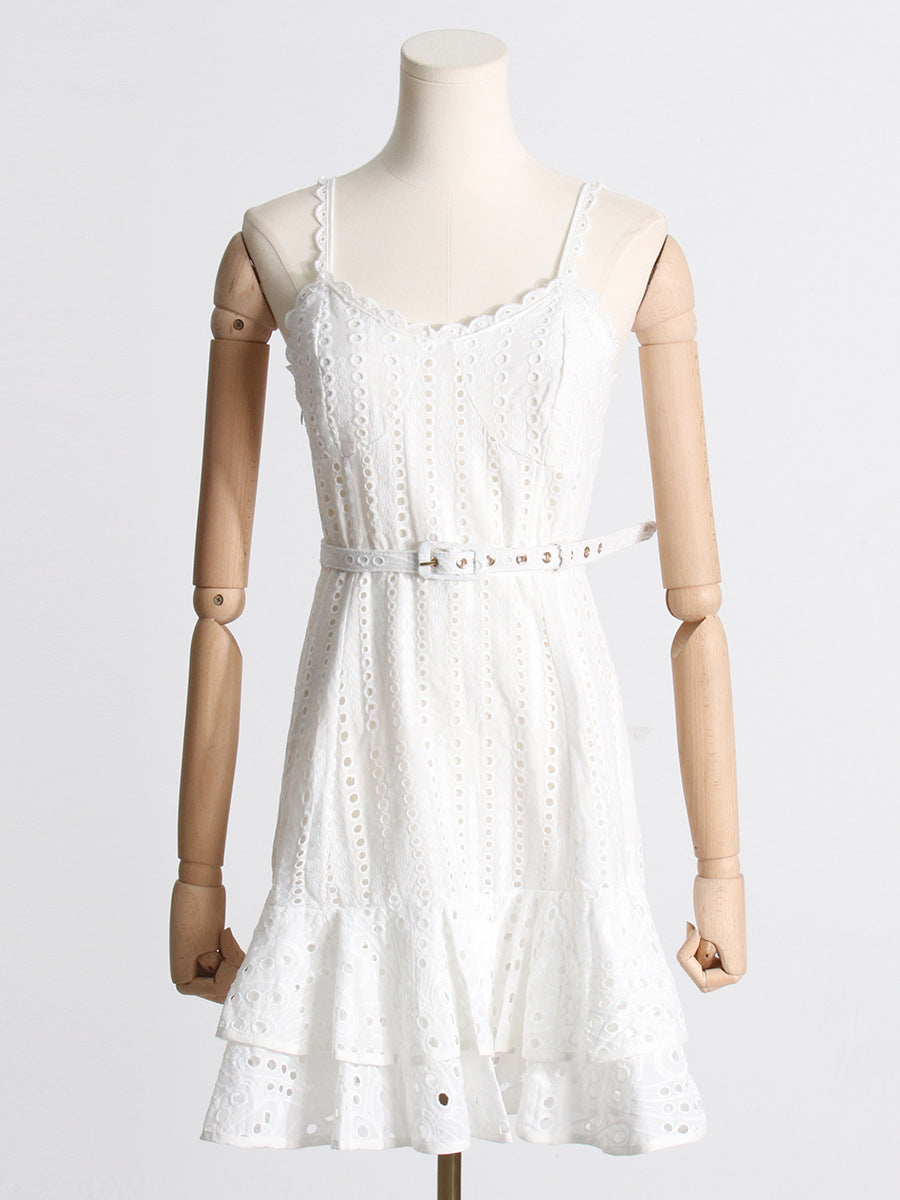 White eyelet lace sundress with ruffled hem, adjustable straps for summer fashion ملابس