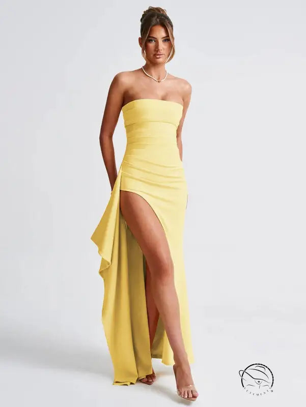 Langry fashion yellow strapless high-slit gown with side slit