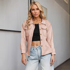 Pink Langry suede jacket with gold buttons, fashion casual autumn wear