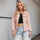 Pink suede Langry fashion jacket with gold buttons for casual autumn wear