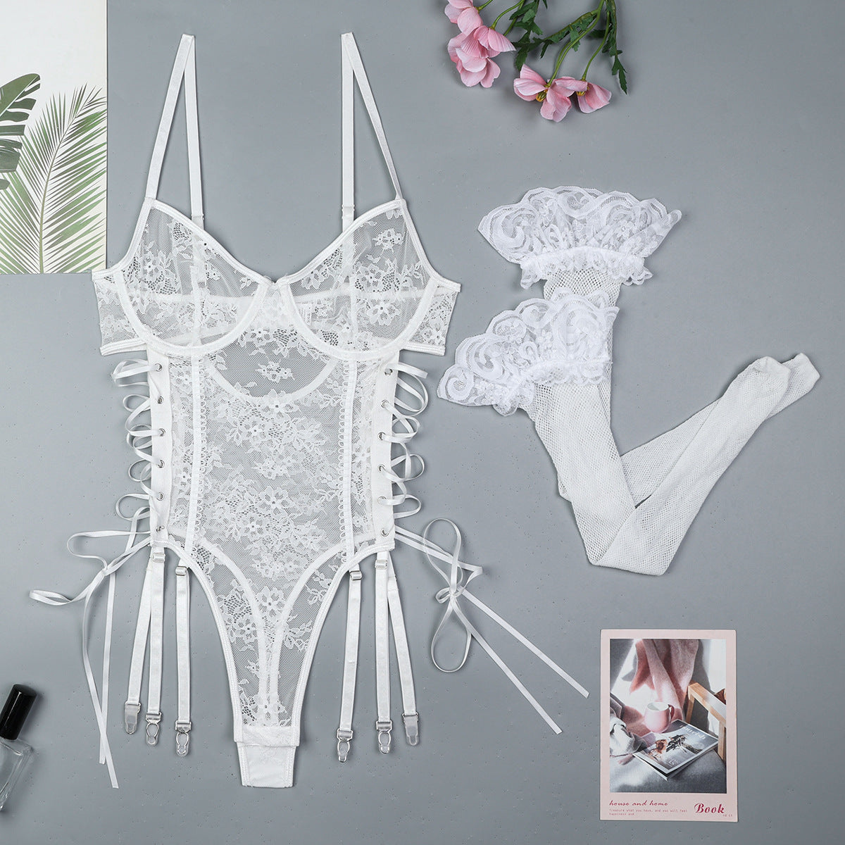 White lace bodysuit with adjustable straps and side ties in Langry fashion ملابس
