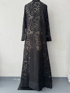 Black floral brocade abaya in Langry fashion trench coat