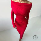 Elegant retro red off-the-shoulder long-sleeve fashion dress
