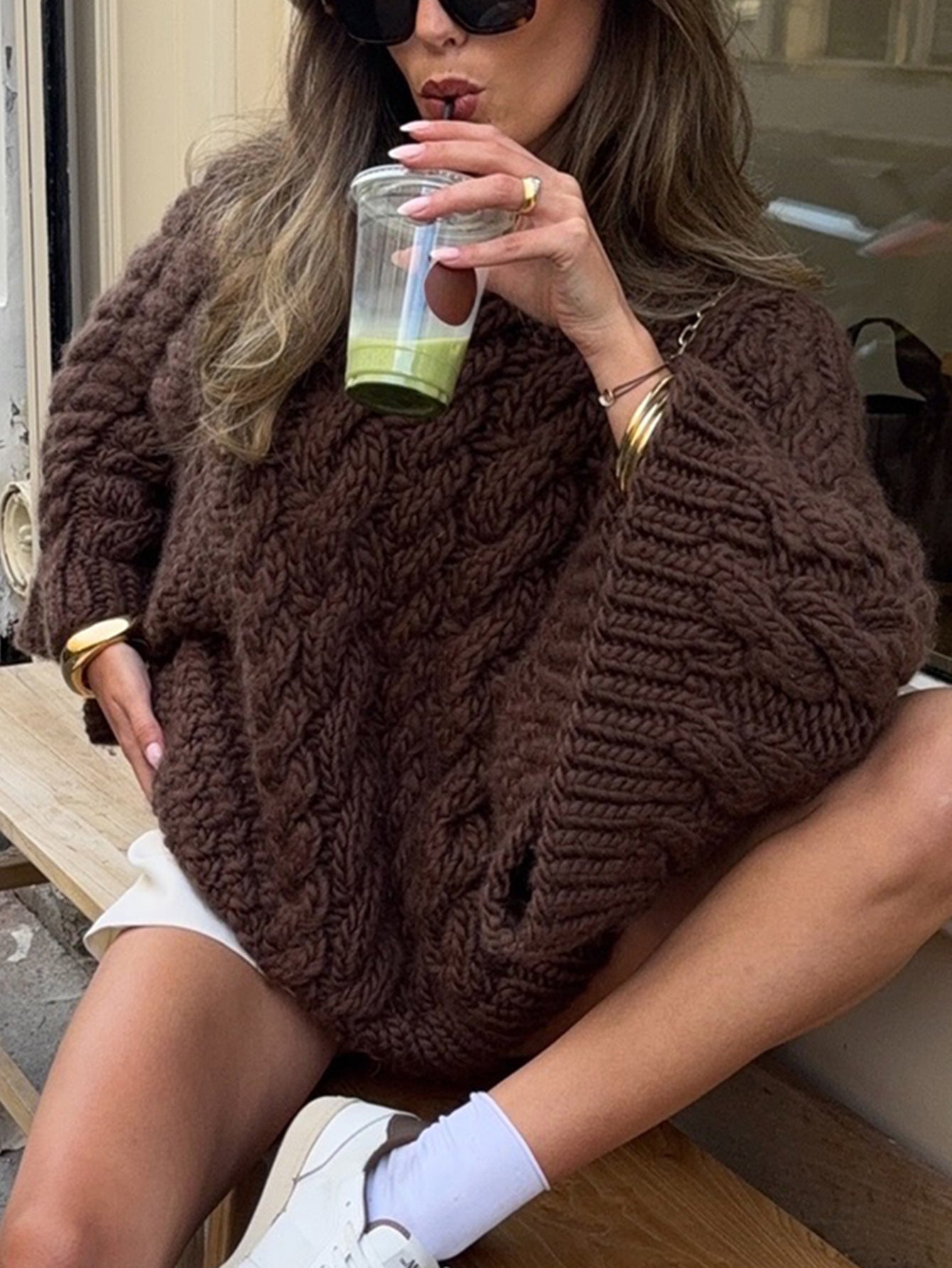 Brown cable knit long sleeve oversized sweater with gold buttons