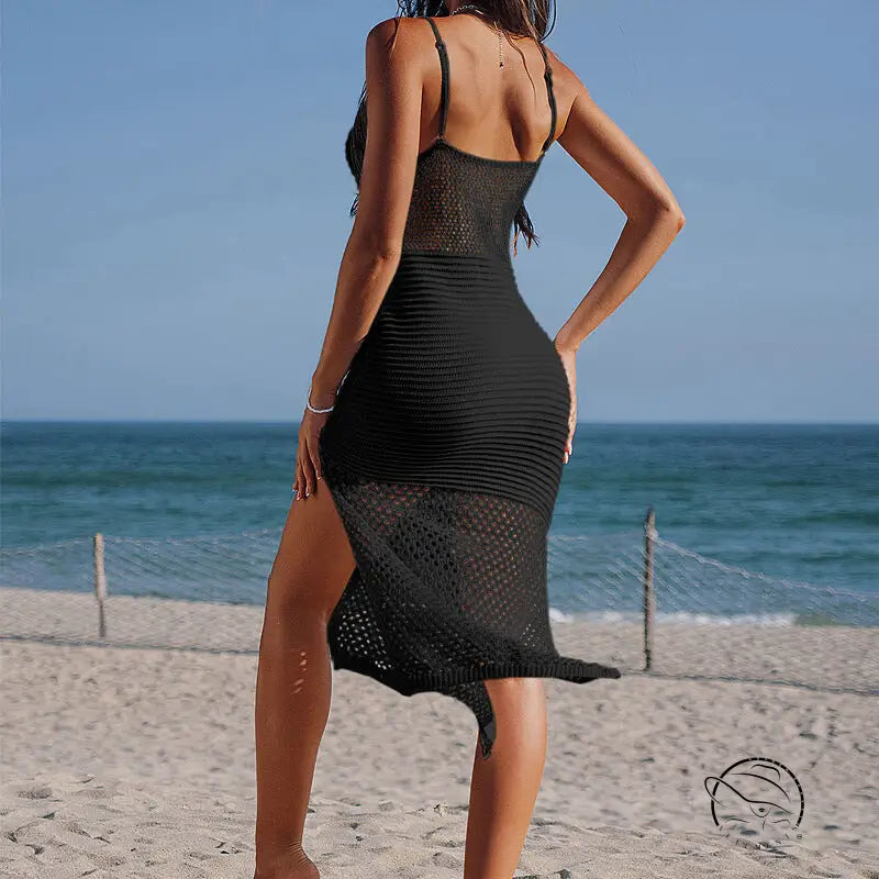 Stunning beach cover maxi dress in black knit with sheer pattern