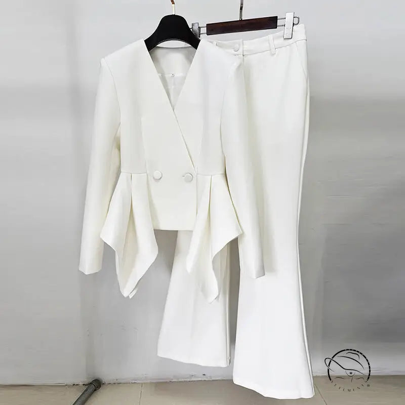 Langry fashion white peplum blazer and flare pants set