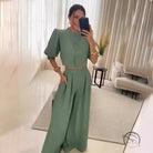 Sage green summer striped half sleeve top and trousers suit