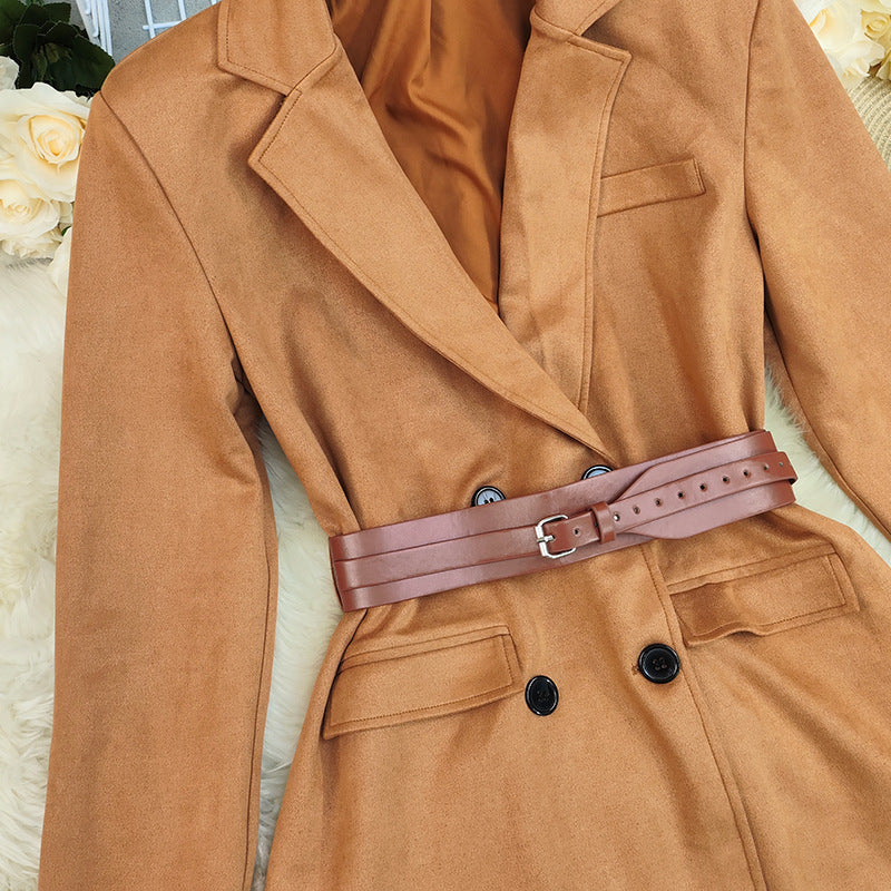 Autumn Winter Suede Long Blazer in Brown with Wide Leather Belt