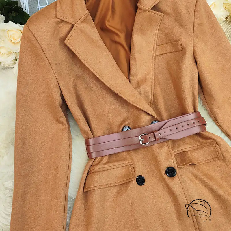 Langry fashion brown suede double-breasted blazer with belt