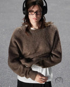 Brown mohair wool alpaca sweater with oversized sleeves and white inner layer