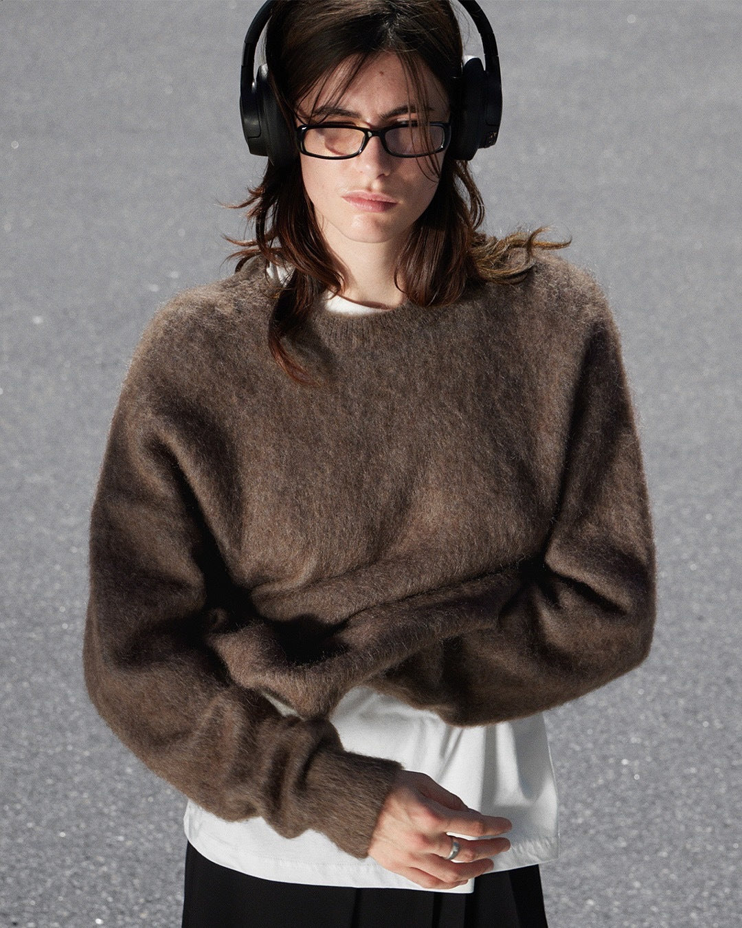 Brown mohair wool alpaca sweater with oversized sleeves and white inner layer