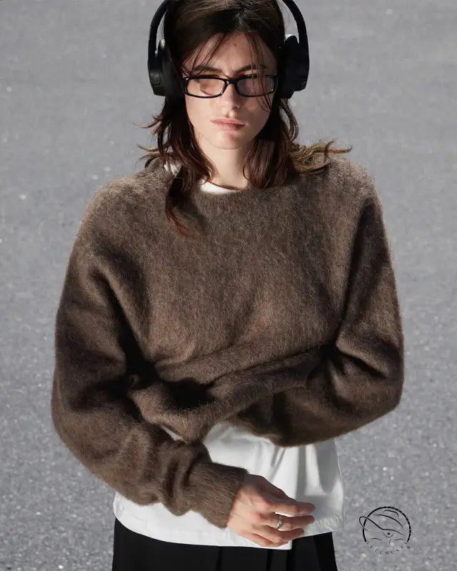 Winter loose long wool alpaca sweater in brown mohair with oversized sleeves