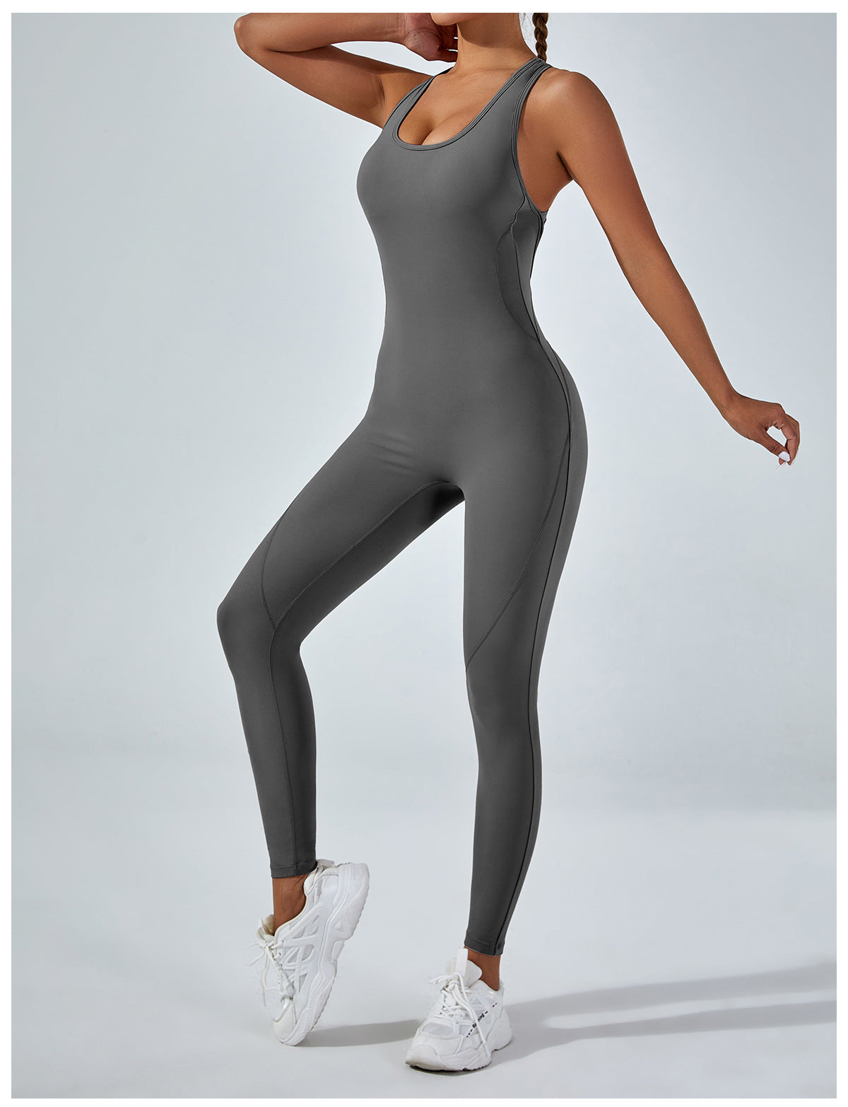 Sleek gray langry fashion yoga one-piece jumpsuit with racerback design