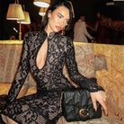 Elegant Slim Fit Dress featuring a black lace design, keyhole cutout neckline, and long sleeves
