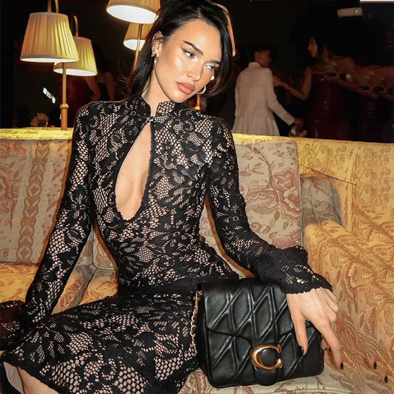 Elegant Slim Fit Dress featuring a black lace design, keyhole cutout neckline, and long sleeves