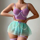 Purple and mint green underwear lace tube top with tulle skirt in a three piece set