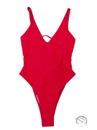 Vibrant red one-piece swimsuit with thin straps and cross-back design