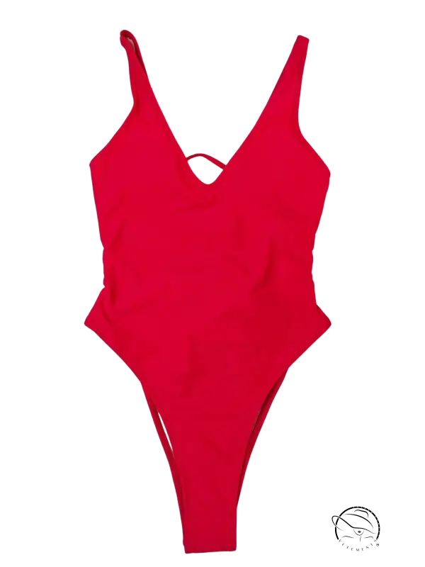 Vibrant red one-piece swimsuit with thin straps and cross-back design