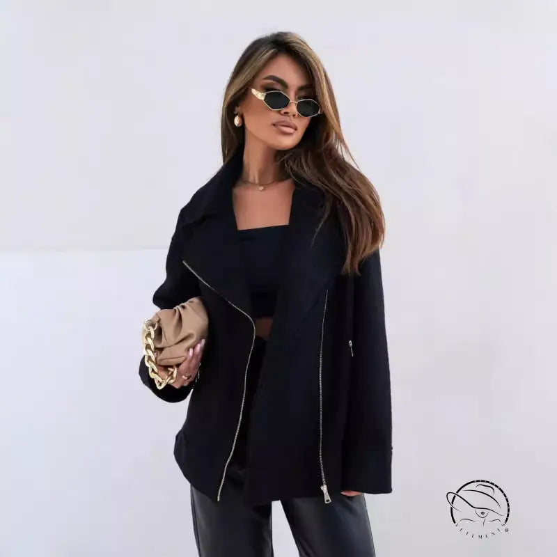 Stylish langry fashion collared woolen brushed zipper coat in black