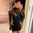 Black mesh and faux leather mini dress, a stunning addition to your fashion collection
