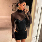 Gorgeous black mesh and faux leather mini dress in langry fashion ملابس