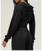 Black hooded sweatshirt and pants set from Langry, ideal for casual fashion ملابس wear