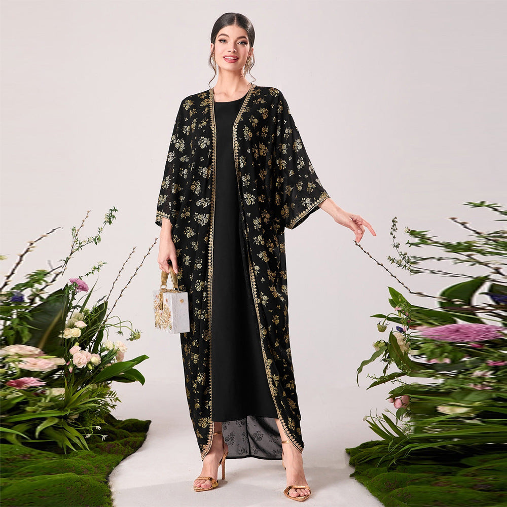 Elegant black floral kimono with gold trim in langry fashion