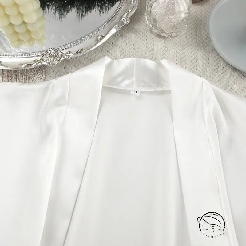 White satin robe open front in comfortable silk feather nightgown