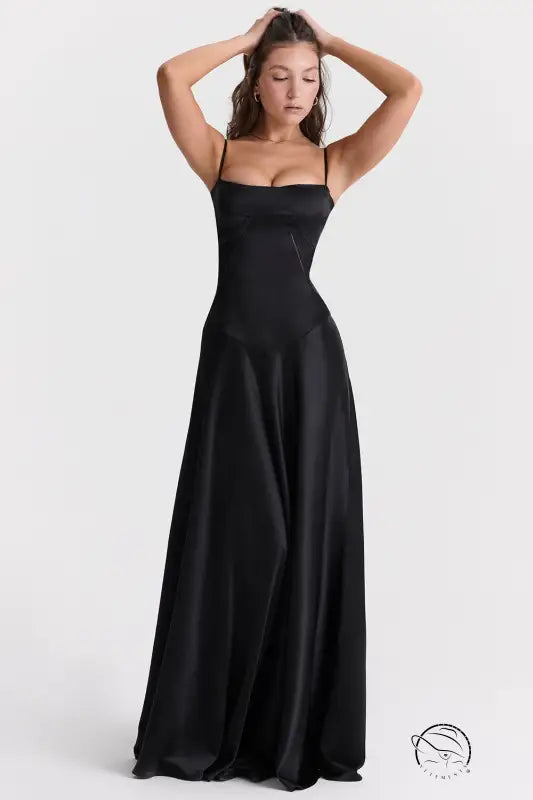 Sleeveless black satin langry fashion evening dress