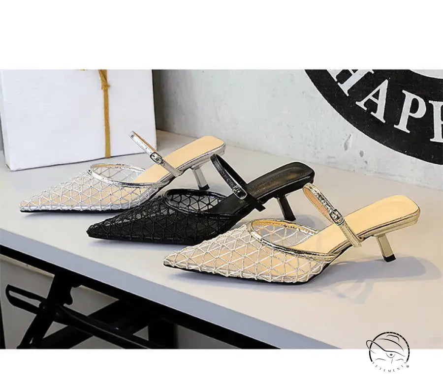 Langry fashion mesh lace pointed toe stiletto sandal in silver black weave