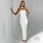 Elegant white halter-neck langry fashion gown for winter evenings