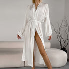 Langry fashion white satin robe with long sleeves and side slit for comfortable homewear