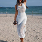 Stunning beach cover up maxi dress in white crochet with mesh detailing