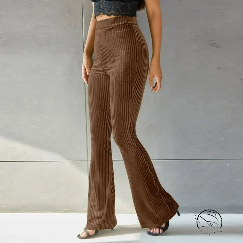 High waist pleuche sunken stripe brown ribbed velvet flared pants