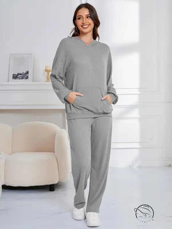 Gray ribbed knit hooded casual suit for women pajamas