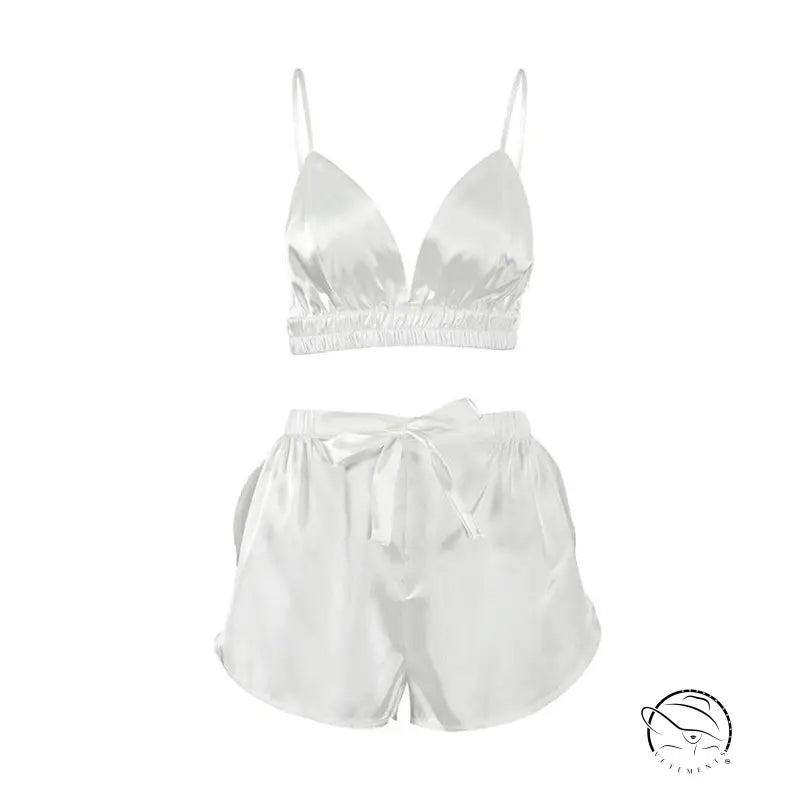 Comfortable silk feather two-piece white satin bralette and shorts set