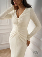 Elegant white ruched beautiful knitted dress