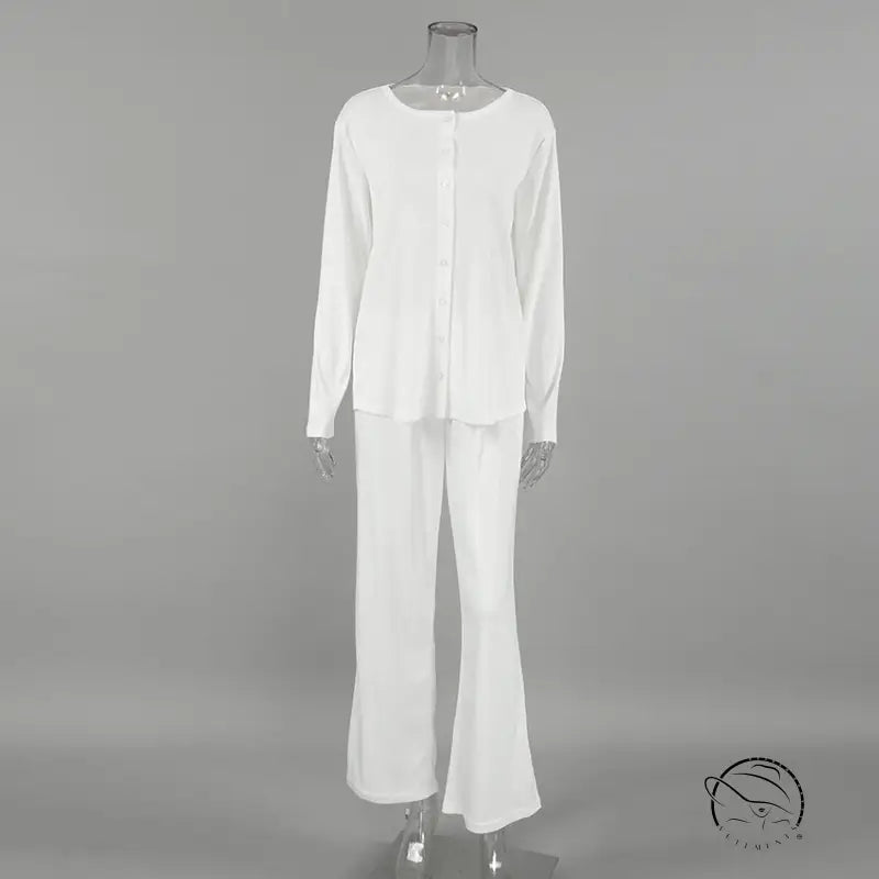 White knitted jacquard pajamas set with long-sleeved shirt and flared pants