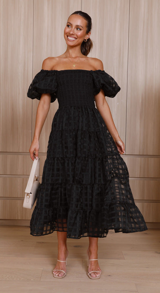 Off-the-shoulder black tiered dress from Enchanting Lantern Sleeve Dress collection, langry fashion