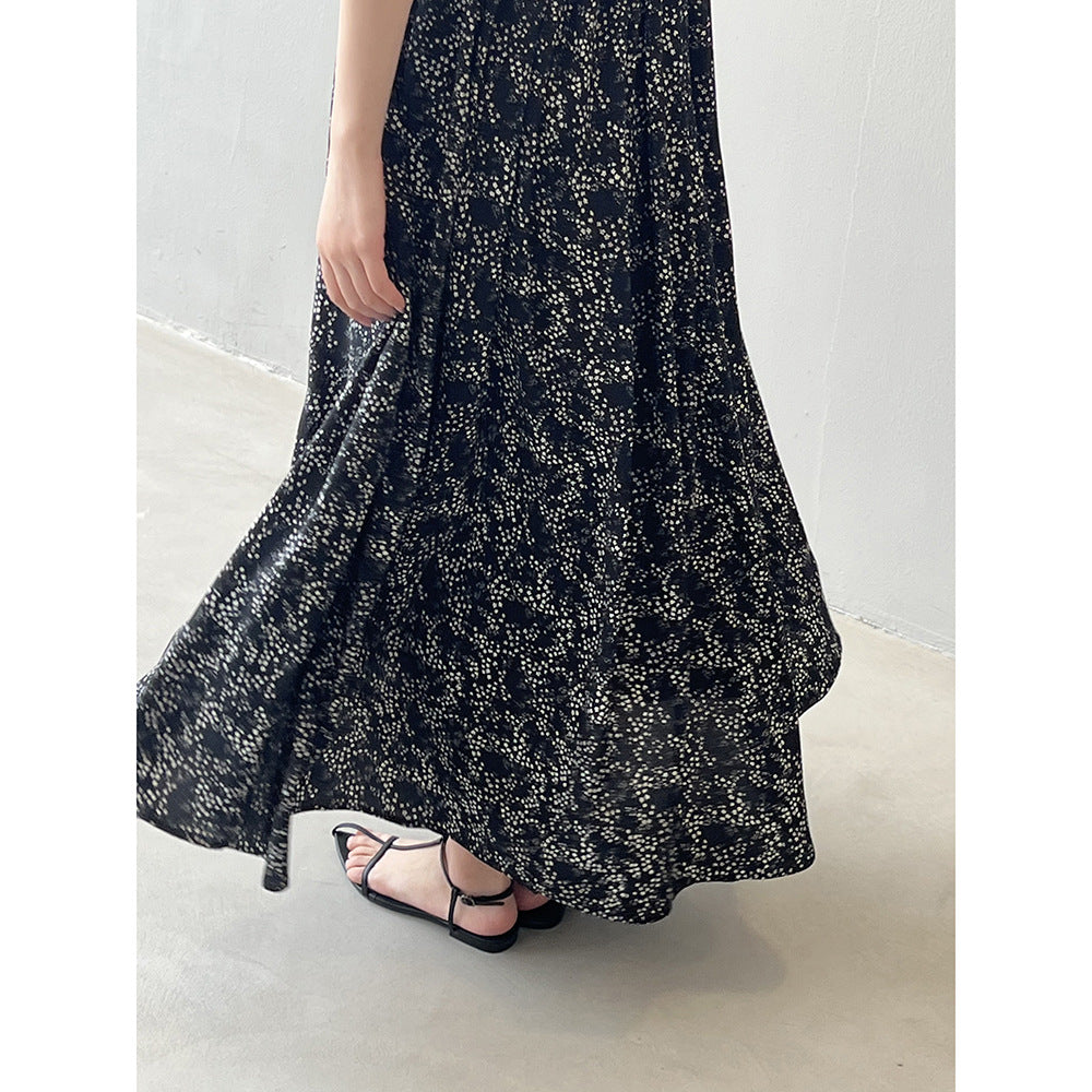 Black and white patterned maxi dress with French floral strap design