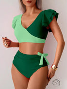 Stunning high waist bikini in two-tone green ruffled design