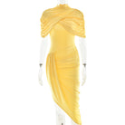 Elegant slim pleated yellow ruched dress with asymmetrical hem